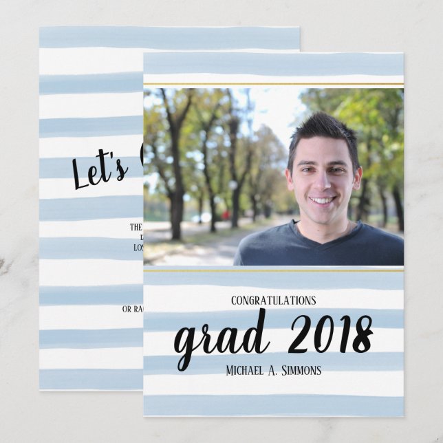 Modern Blue Striped GRAD Graduation Invitation (Front/Back)