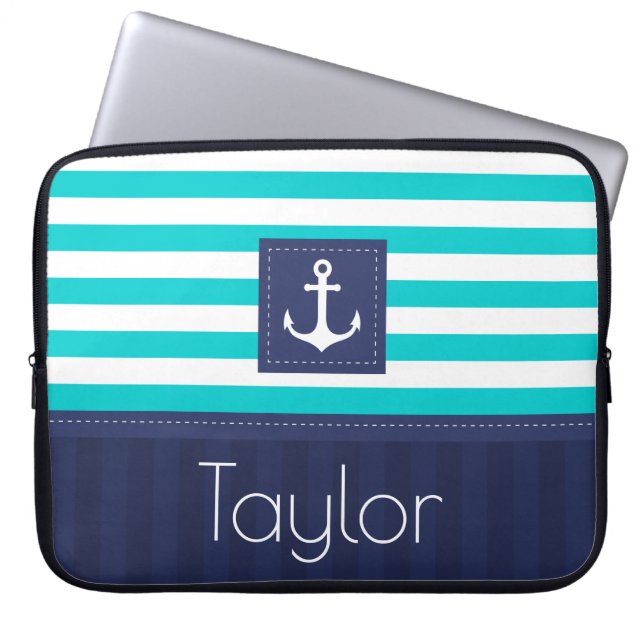 Modern Blue Striped Nautical Pattern Custom Text Laptop Sleeve (Front)