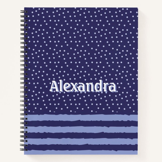 Modern Blue Stripes And Dots Personalized Notebook (Front)