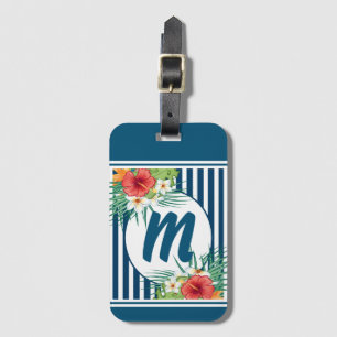 Modern Blue Stripes and Flowers Monogram Luggage Tag