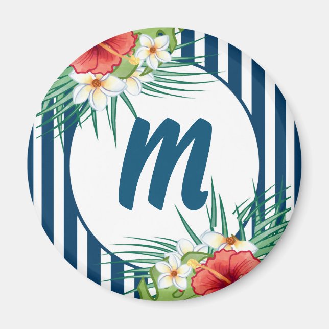 Modern Blue Stripes and Flowers Monogram Magnet (Front)