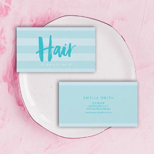 Modern Blue Stripes Brush Script Hair Stylist Business Card