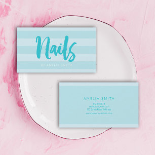 Modern Blue Stripes Brush Script Nails Business Card