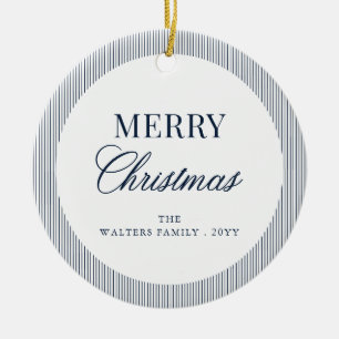 Modern Blue Stripes Christmas Family Photo Ceramic Ornament