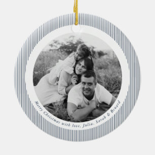Modern Blue Stripes Christmas Family Photo Ceramic Ornament