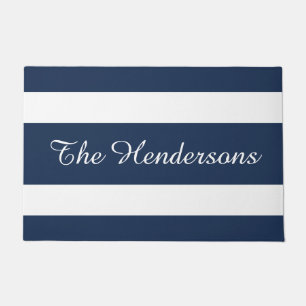 Modern Blue Stripes Family Name Doormat