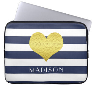 Modern Blue Stripes Pattern Gold Heart Laptop Sleeve