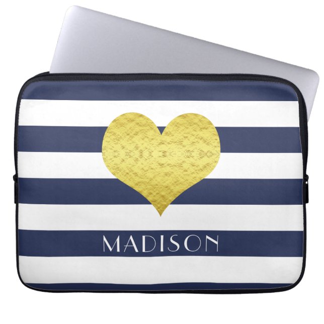 Modern Blue Stripes Pattern Gold Heart Laptop Sleeve (Front)