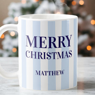Modern Blue Stripes Personalized Merry Christmas Coffee Mug
