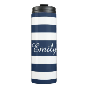 Modern Blue Stripes Script Thermal Tumbler