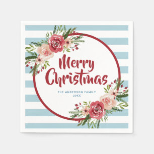 Modern Blue Stripes Watercolor Flowers Christmas Napkin
