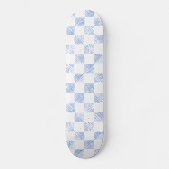 Modern Blue strokes Checkered White Pattern Skateboard (Front)