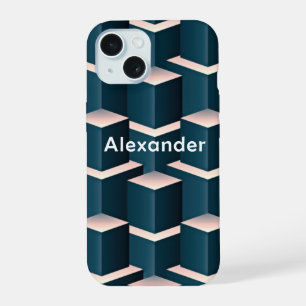 Modern Blue Stylish Squares Blocks Personalize iPhone 15 Case