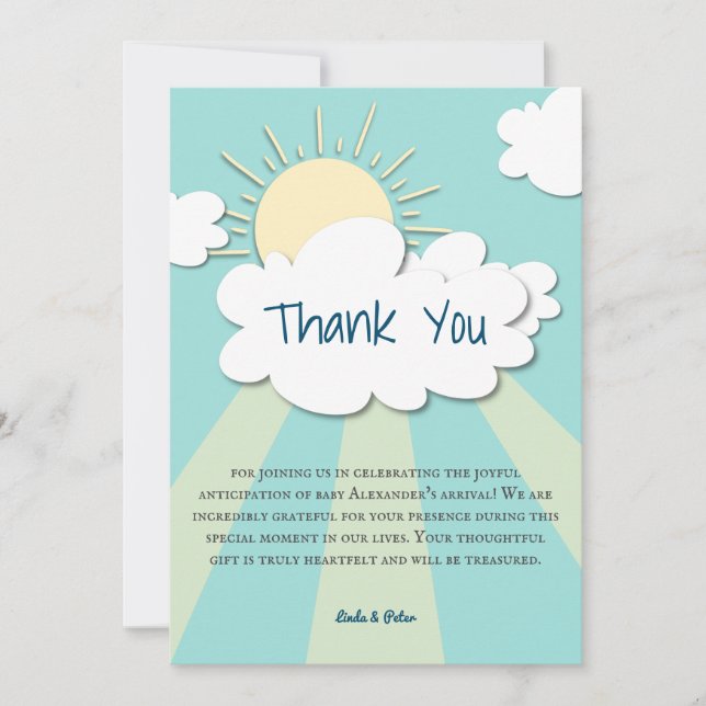 Modern Blue Sunshine Baby Shower Thank You Card (Front)