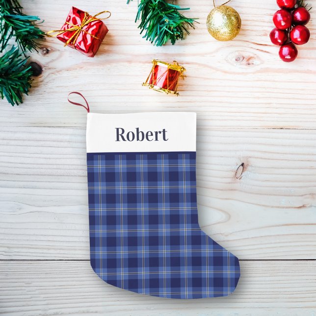 Modern Blue Tartan Plaid Pattern with Name Small Christmas Stocking (Creator Uploaded)