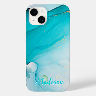 Modern Blue Teal Abstract Personalized Case-Mate iPhone 14 Case