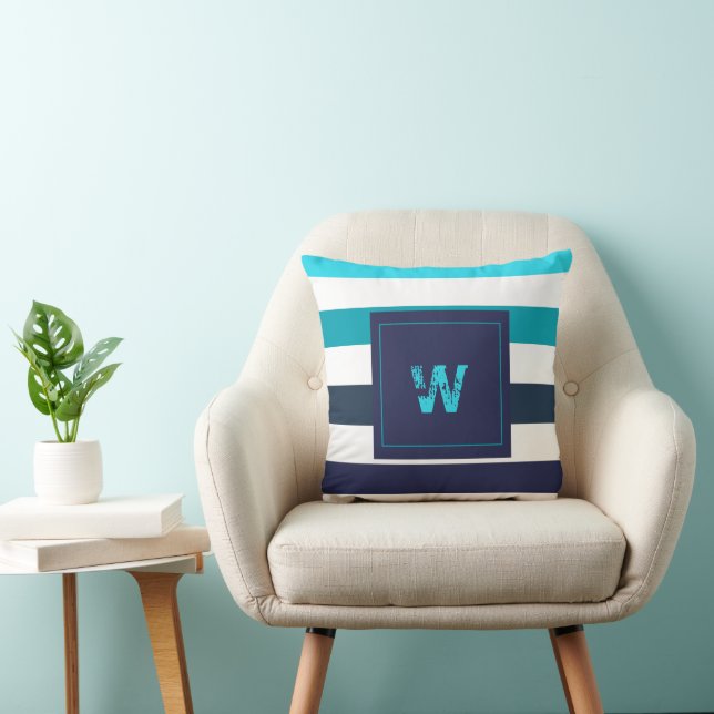 Modern Blue Teal Stripes Monogram Throw Pillow (Chair)