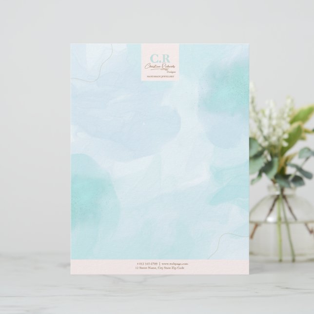Modern Blue Teal Watercolor Letterhead (Standing Front)