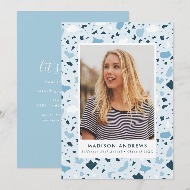Modern Blue Terrazzo Photo Graduation Party Invitation (Front/Back)