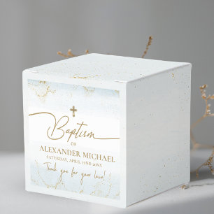 Modern Blue Thank You Boy Gold Cross Baptism Favor Box