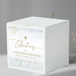 Modern Blue Thank You Boy Gold Cross Christening Favor Box