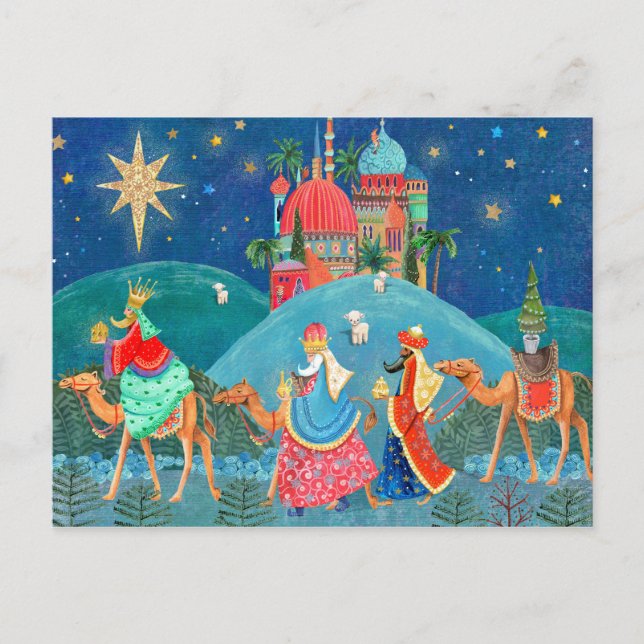 Modern Blue Three Wise Men kings Holiday Postcard (Front)