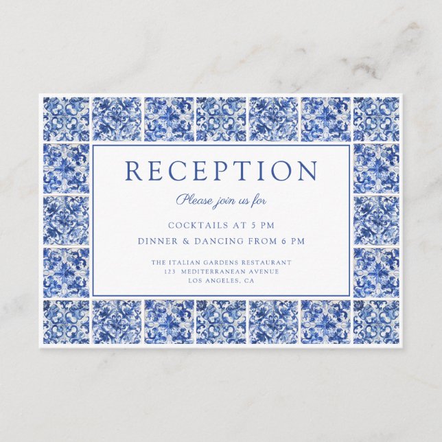 Modern Blue Tiles Wedding Reception Enclosure Card (Front)