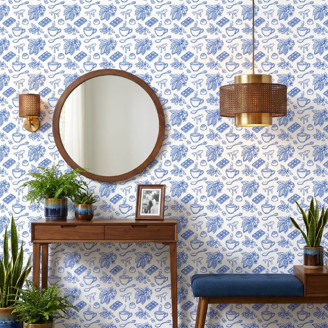 Modern Blue Toile Cacao and Chocolate Pattern Wallpaper (Creator Uploaded)