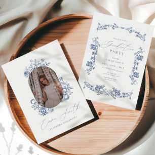 Modern Blue Toile Graduation Photo Announcement