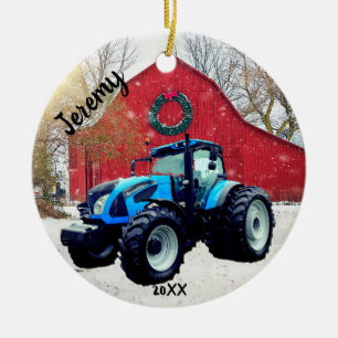  Modern Blue Tractor Christmas  Ceramic Ornament