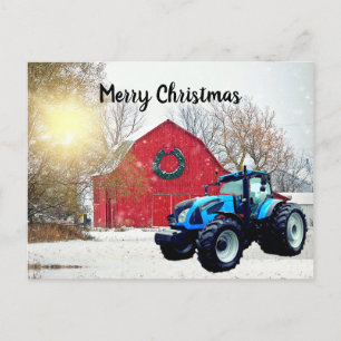 Modern Blue Tractor in Barnyard Christmas Postcard