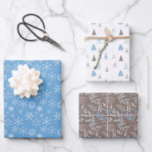 Modern Blue Trees Snowflakes Christmas Wrapping Paper Sheet