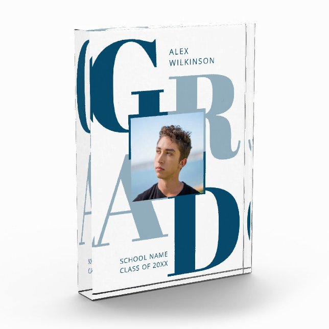 Modern Blue Trendy Typography Graduation Photo Block (Left)