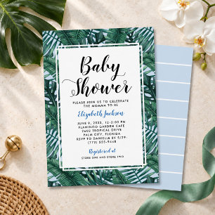 Modern Blue Tropical Palm Leaf Baby Shower Invitation