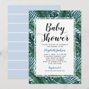 Modern Blue Tropical Palm Leaves Baby Boy Shower Invitation
