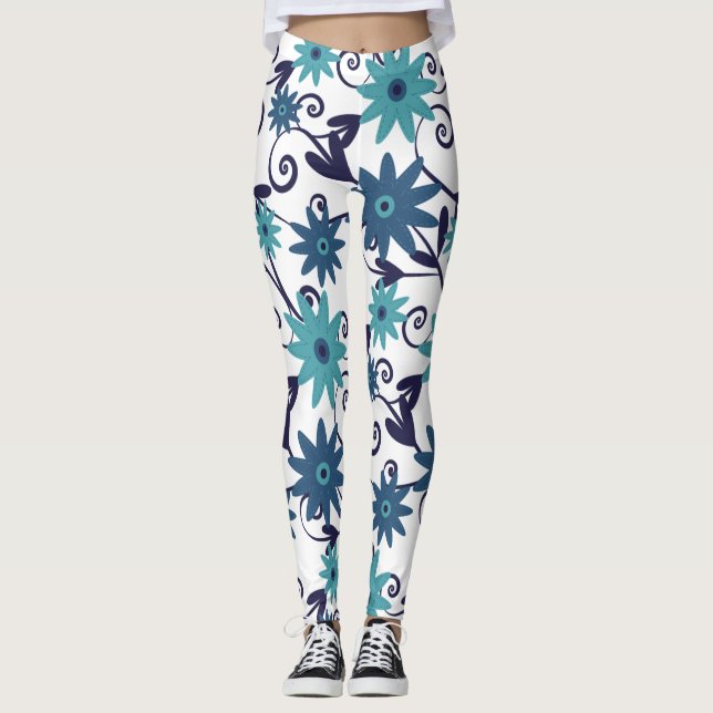 Modern Blue Turquoise Flower Pattern  Leggings (Front)