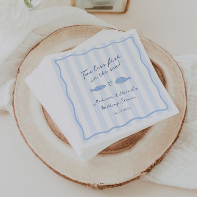 Modern Blue Two Less Fish In Sea Wedding Shower Napkin (Two less fish in the sea modern blue and white couples shower napkins)