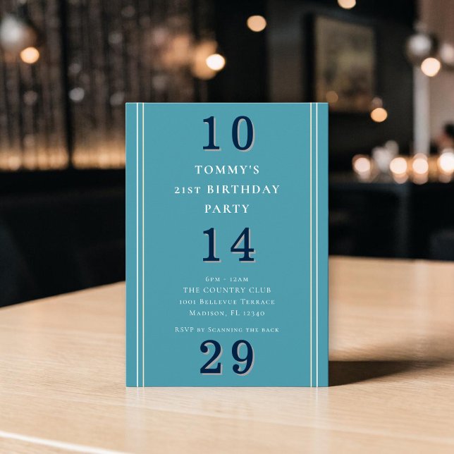 Modern Blue Typography 21st Birthday Invitation (Creator Uploaded)