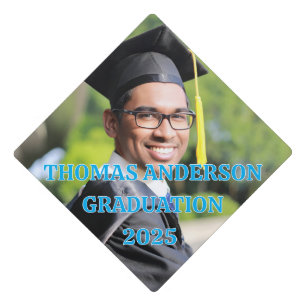 Modern Blue Typography and Photo Graduation Cap Topper