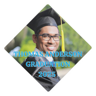 Modern Blue Typography and Photo Graduation Cap Topper