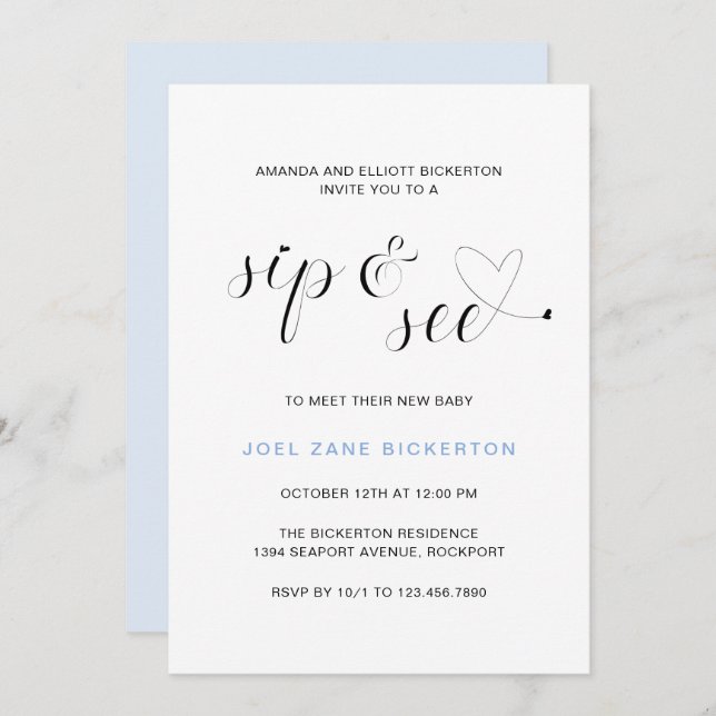 Modern Blue Typography Boy Sip and See Invitation (Front/Back)