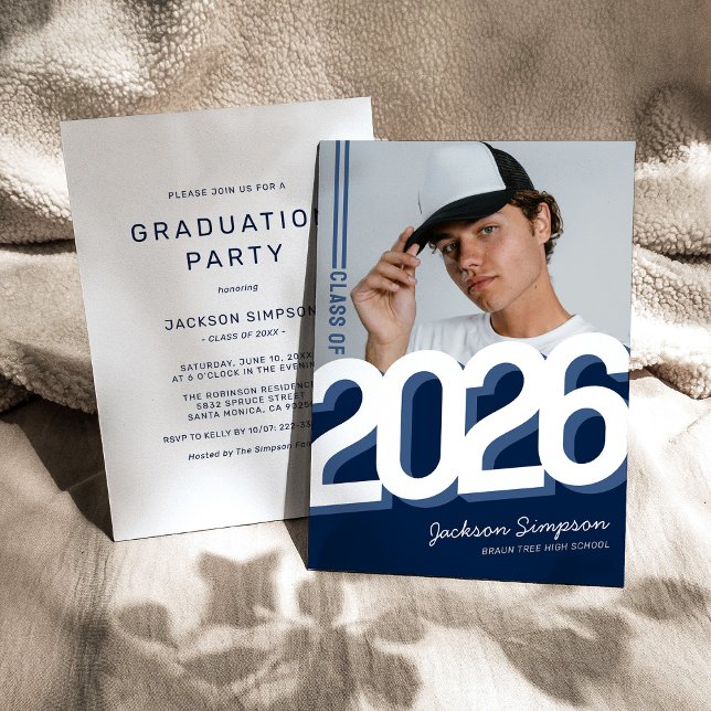 Modern Blue Typography Photo Graduation Invitation (Creator Uploaded)