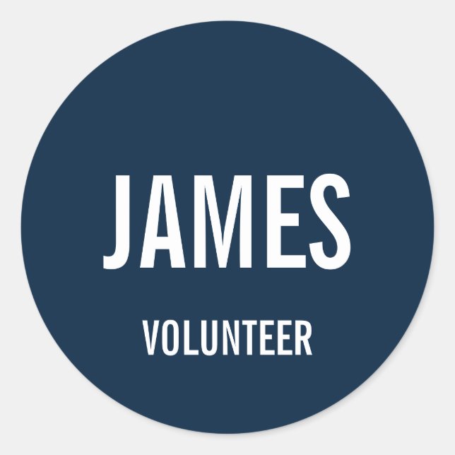 Modern Blue Volunteer Name Classic Round Sticker (Front)