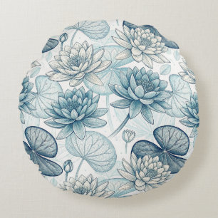 Modern Blue Water Lilies Monet Style Round Pillow