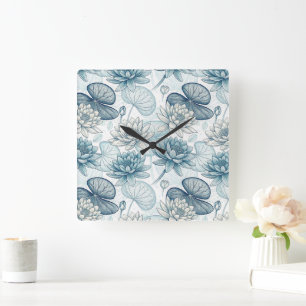 Modern Blue Water Lilies Monet Style Square Wall Clock