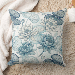 Modern Blue Water Lilies Monet Style Throw Pillow
