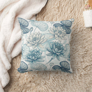 Modern Blue Water Lilies Monet Style Throw Pillow