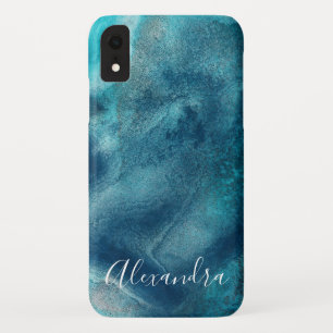 Modern Blue Watercolor Abstract Monogram iPhone XR Case
