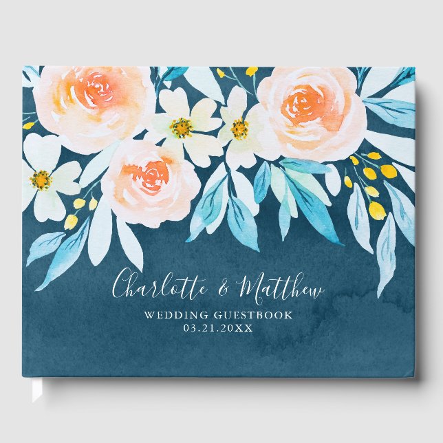 Modern Blue Watercolor Botanical Wedding Guest Book (Front)