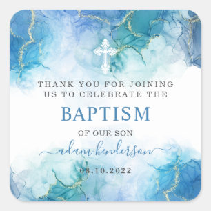 Modern Blue Watercolor Boy Baptism Thank You Square Sticker